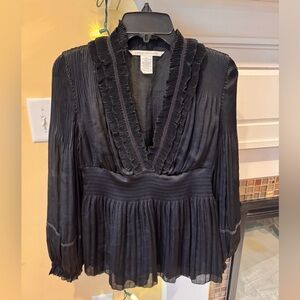 DVF Diane von Furstenberg Black Matador  Pleated Ruffle Blouse Detail Size 4